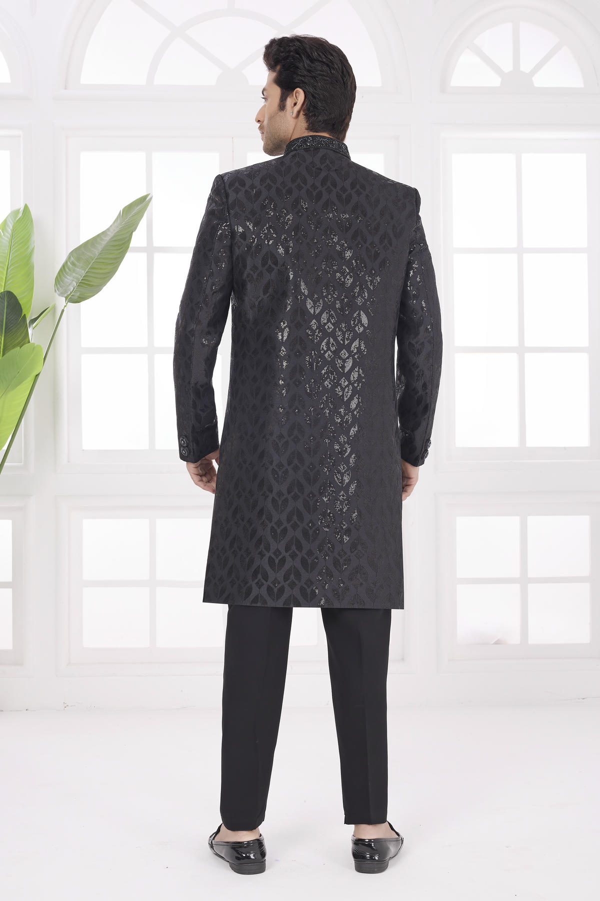 Black Colour Art Silk Embroidery Work Sherwani