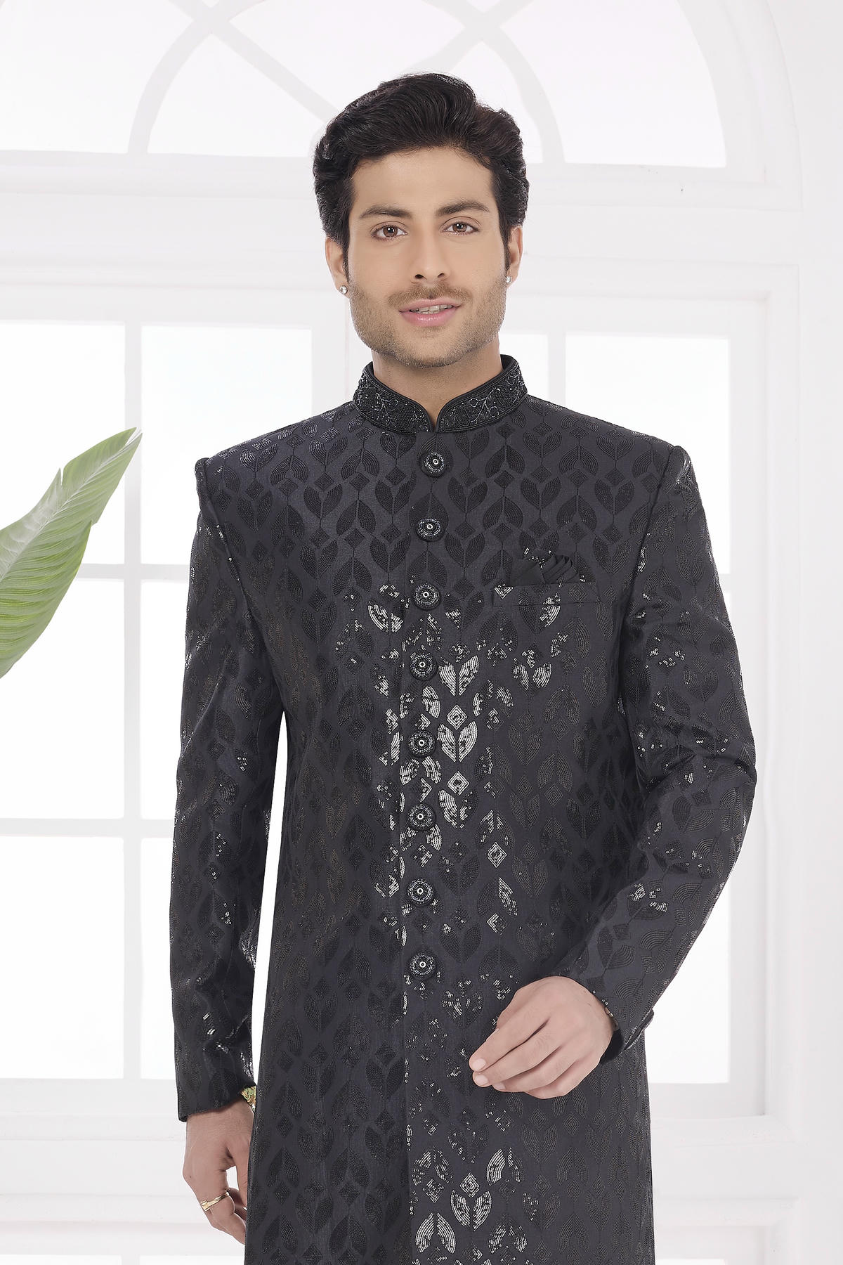 Black Colour Art Silk Embroidery Work Sherwani