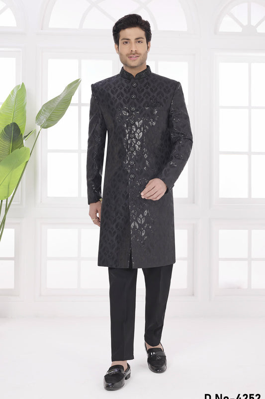 Black Colour Art Silk Embroidery Work Sherwani