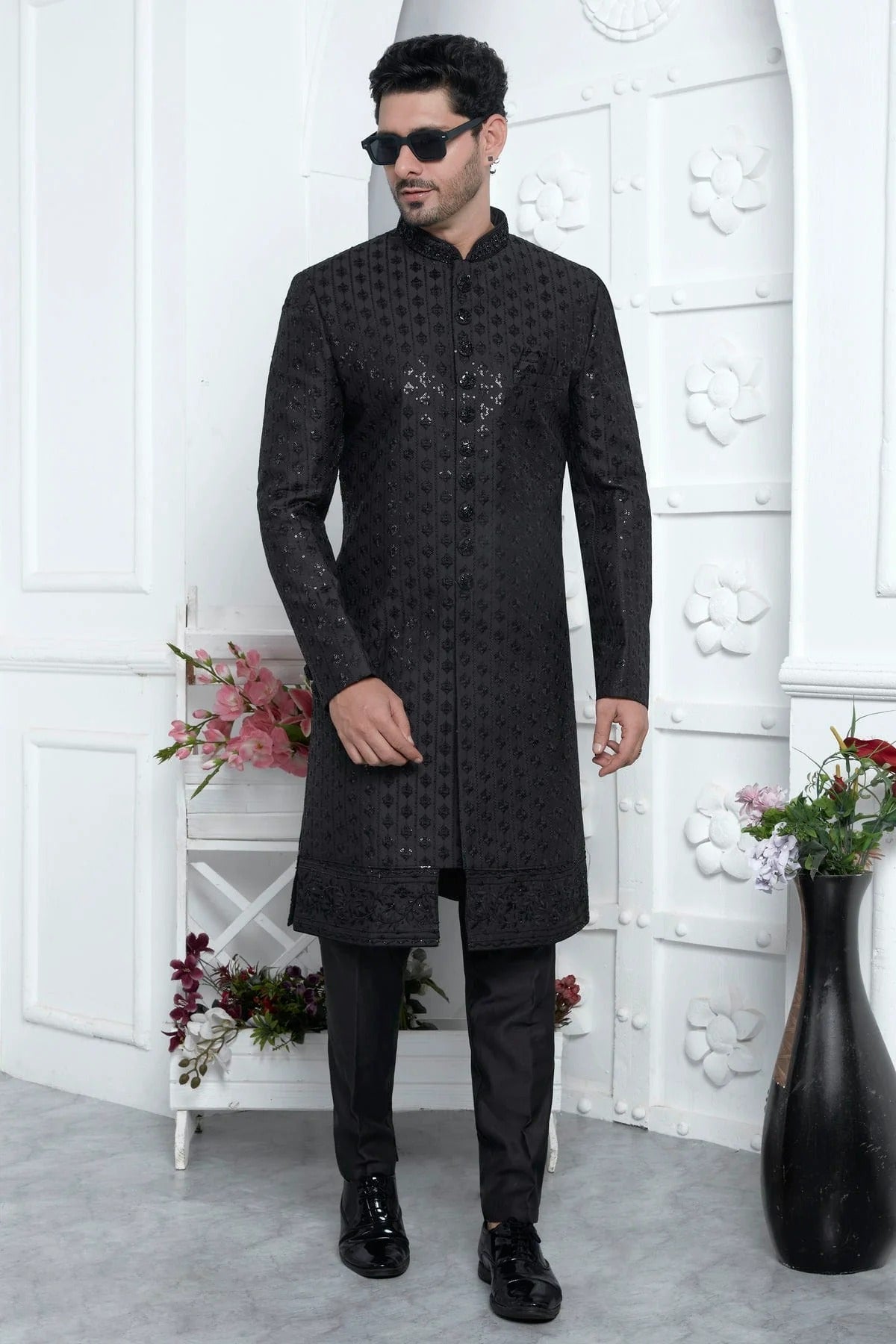 Black Colour Art Silk Indowestern Sherwani With Aligadhi Pant SH1230019 A