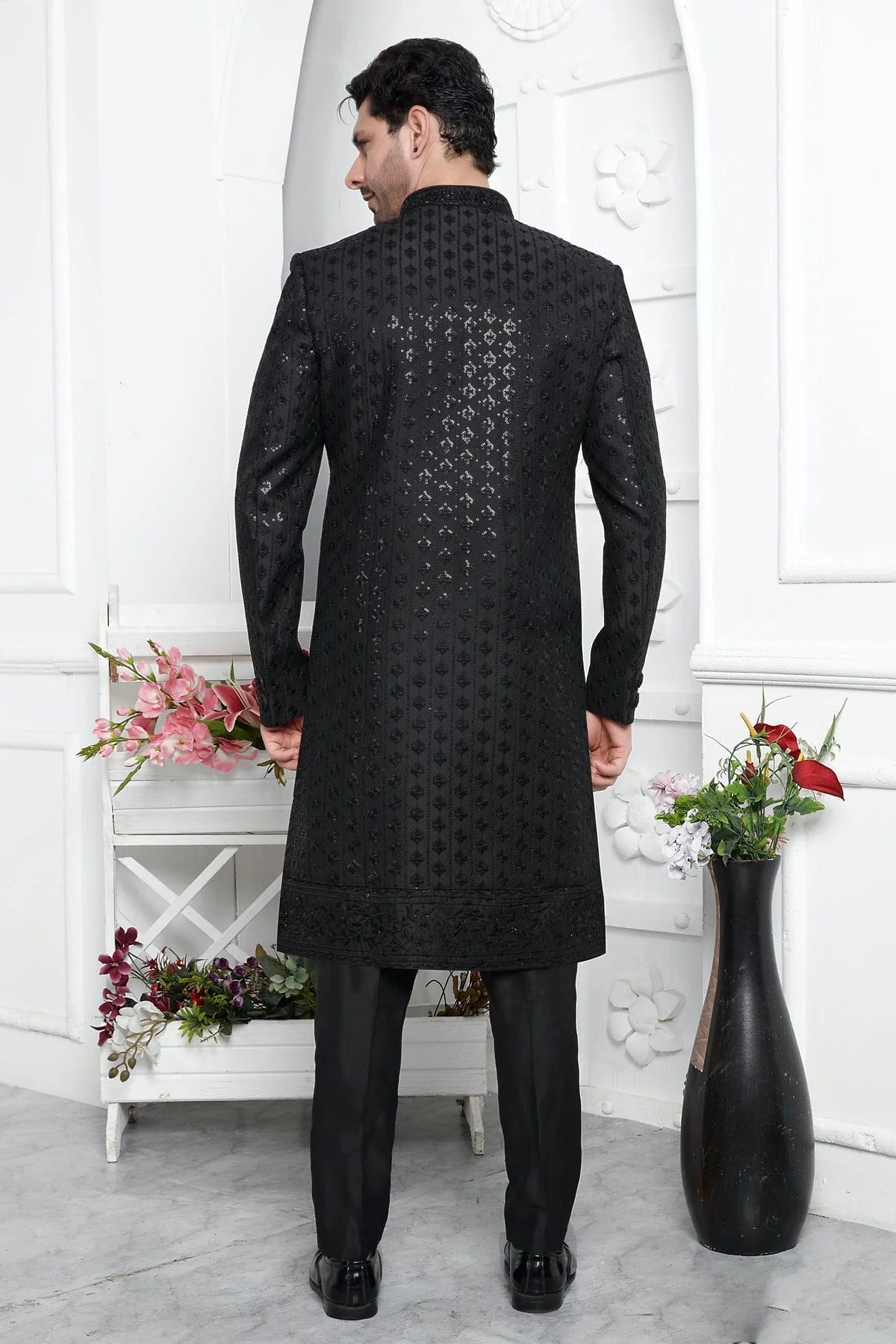 Black Colour Art Silk Indowestern Sherwani With Aligadhi Pant SH1230019 B