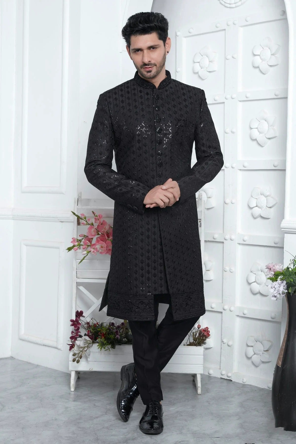Black Colour Art Silk Indowestern Sherwani With Aligadhi Pant SH1230019
