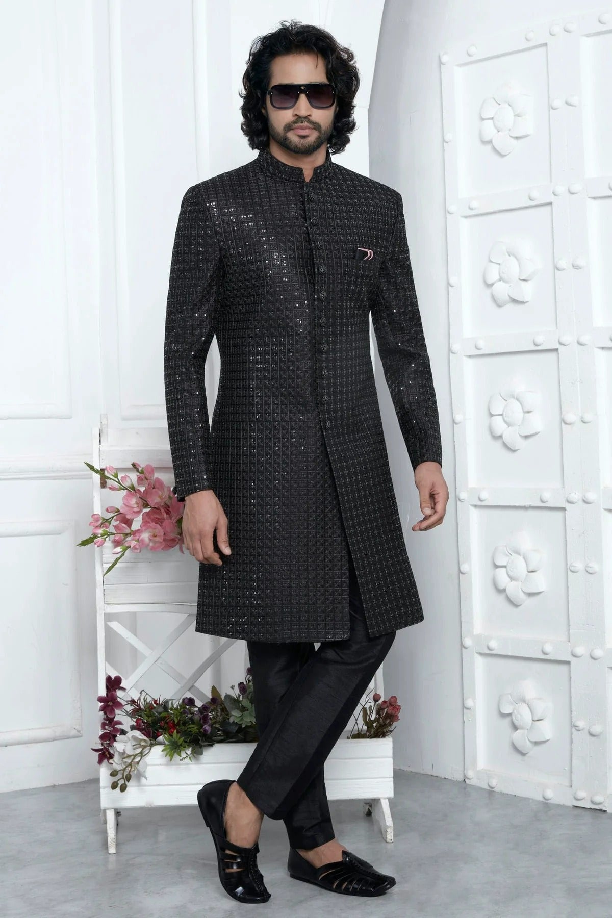 Black Colour Art Silk Indowestern Sherwani With Aligadhi Pant SH1230025 A