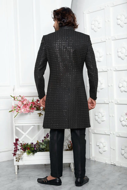 Black Colour Art Silk Indowestern Sherwani With Aligadhi Pant SH1230025 B