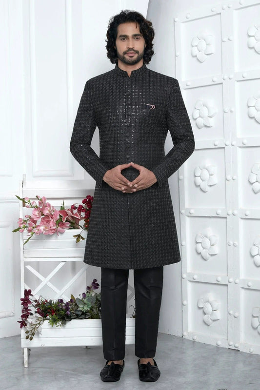 Black Colour Art Silk Indowestern Sherwani With Aligadhi Pant SH1230025