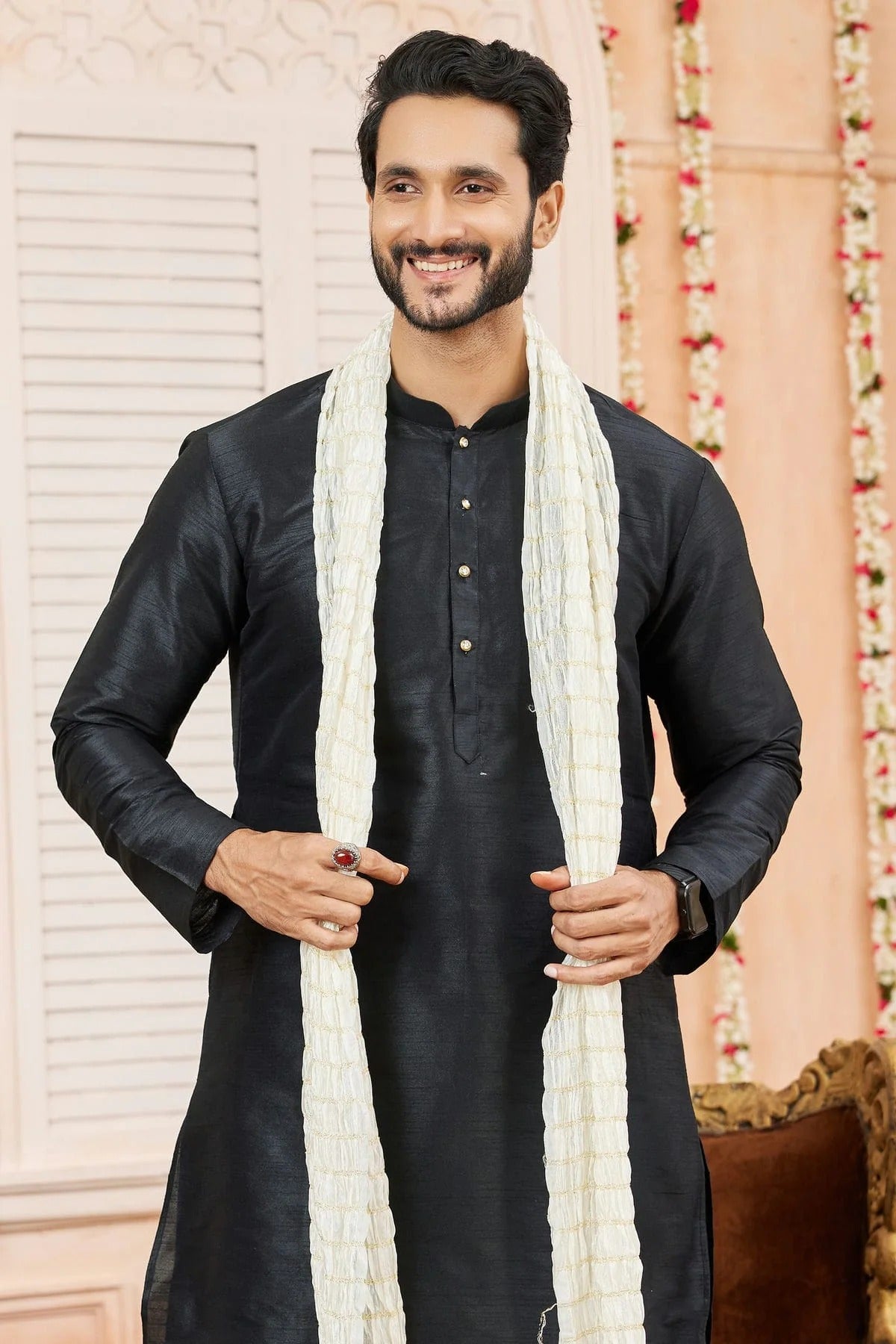 Black Colour Art Silk Kurta Pajama With Stole KP1230248 B