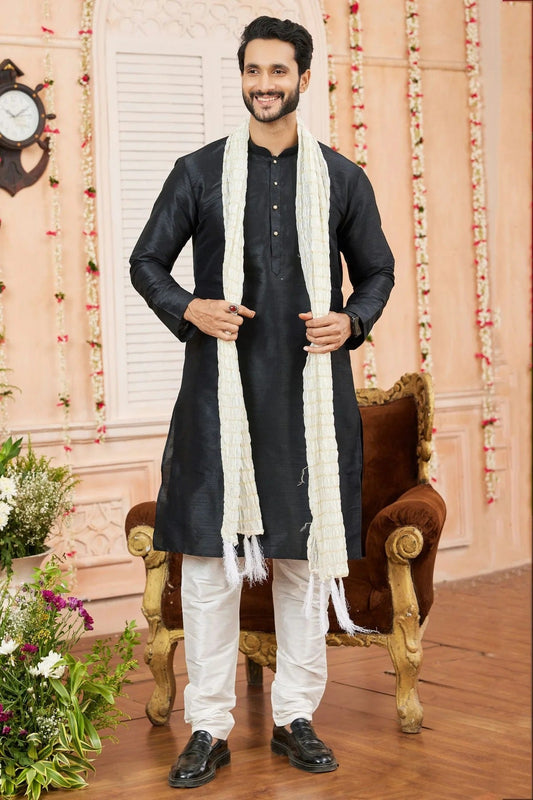 Black Colour Art Silk Kurta Pajama With Stole KP1230248