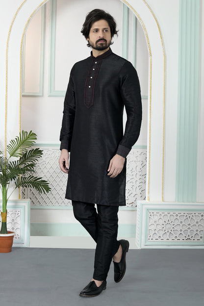 Black Colour Art Silk Pintux Work Kurta Pajama