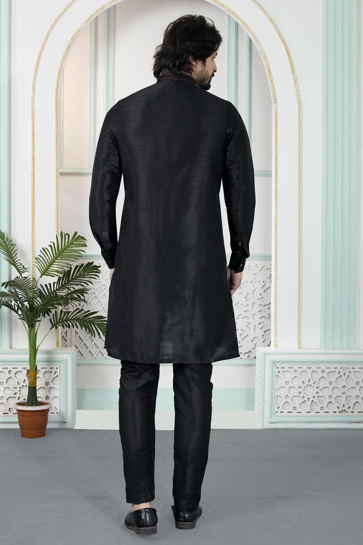 Black Colour Art Silk Pintux Work Kurta Pajama