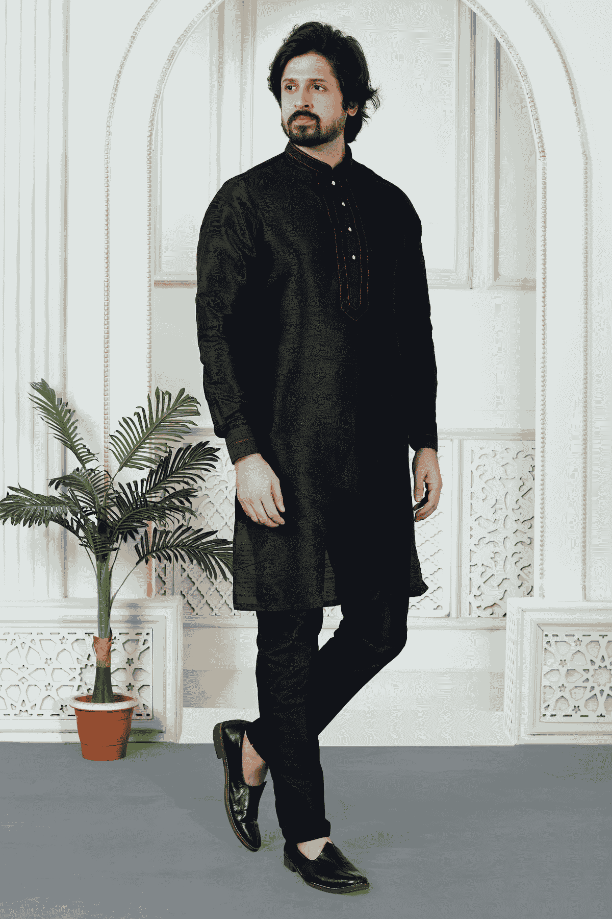 Black Colour Art Silk Pintux Work Kurta Pajama