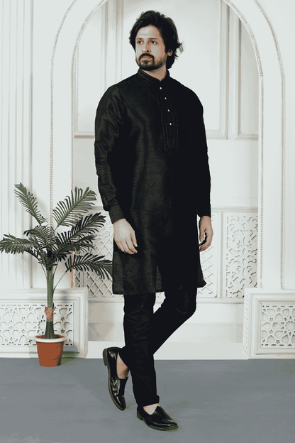 Black Colour Art Silk Pintux Work Kurta Pajama