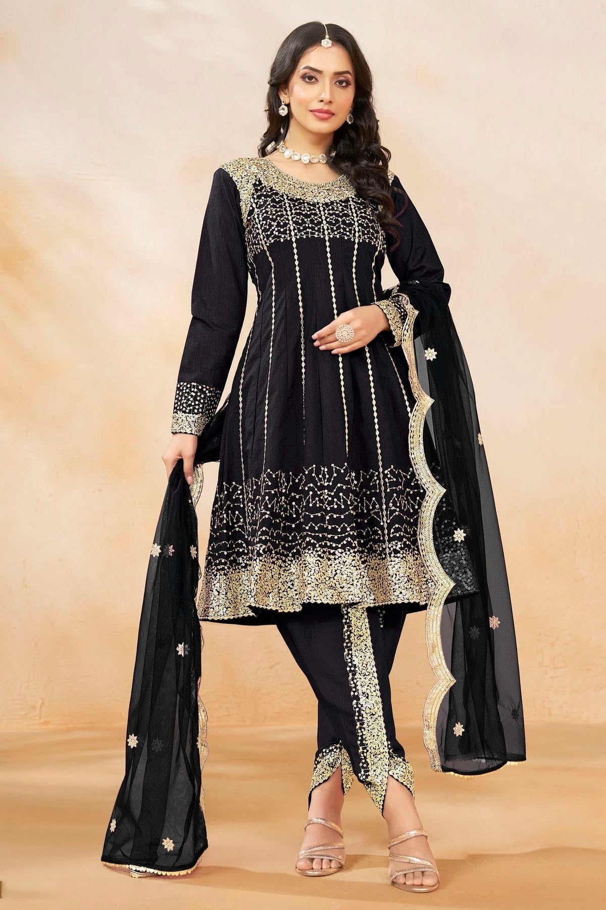 Black Colour Art Silk Semi Stitched Patiala Suit SM1050604