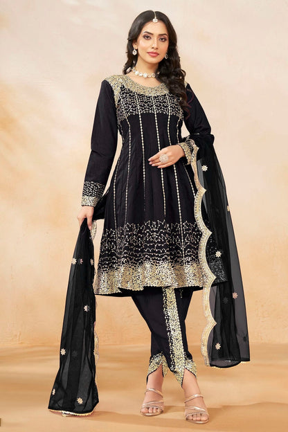 Black Colour Art Silk Semi Stitched Patiala Suit SM1050604