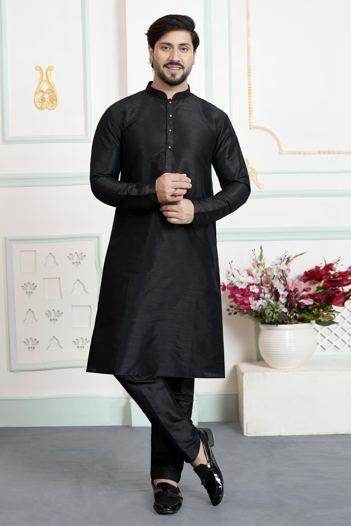 Black Colour Art Silk Solid Kurta Pajama