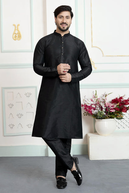 Black Colour Art Silk Solid Kurta Pajama