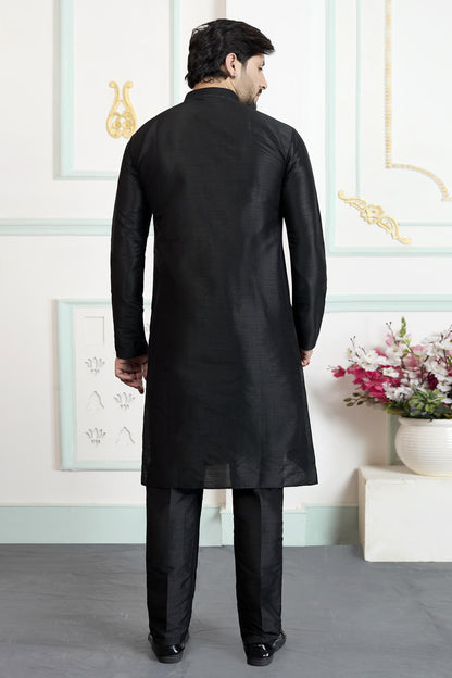 Black Colour Art Silk Solid Kurta Pajama