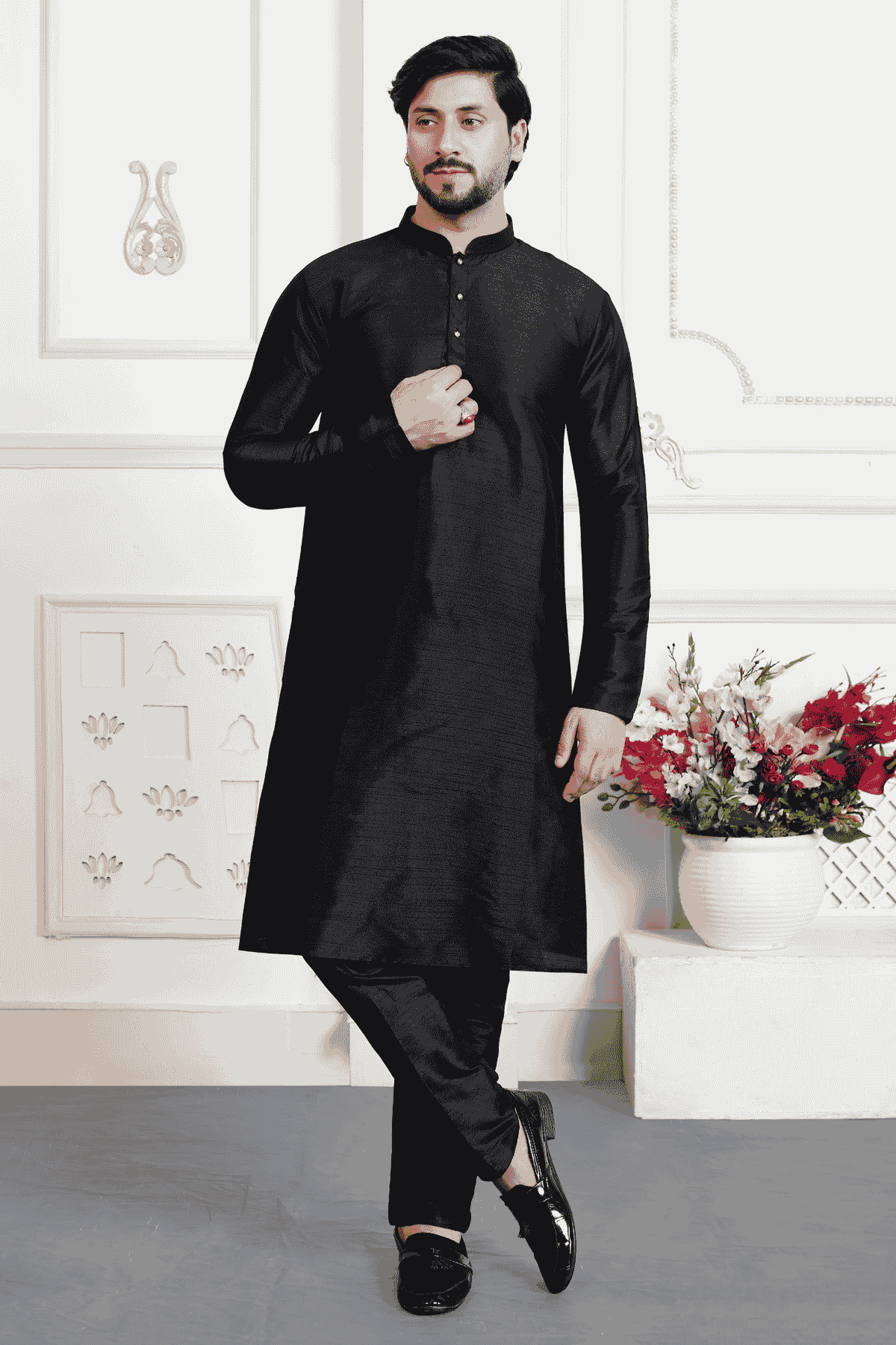 Black Colour Art Silk Solid Kurta Pajama