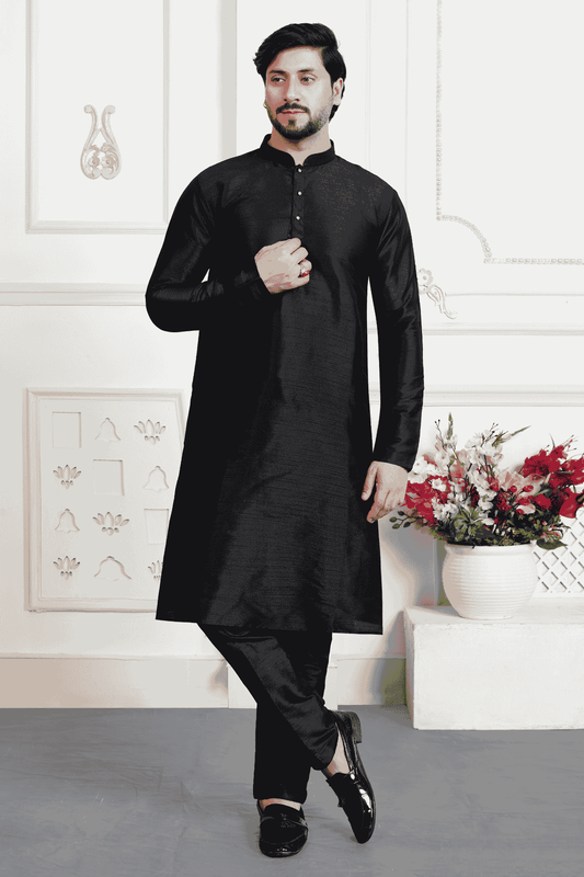 Black Colour Art Silk Solid Kurta Pajama