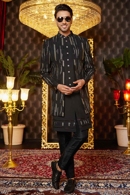 Black Colour Art Silk Thread Work Embroidery 3 Pcs Attach Indo Western