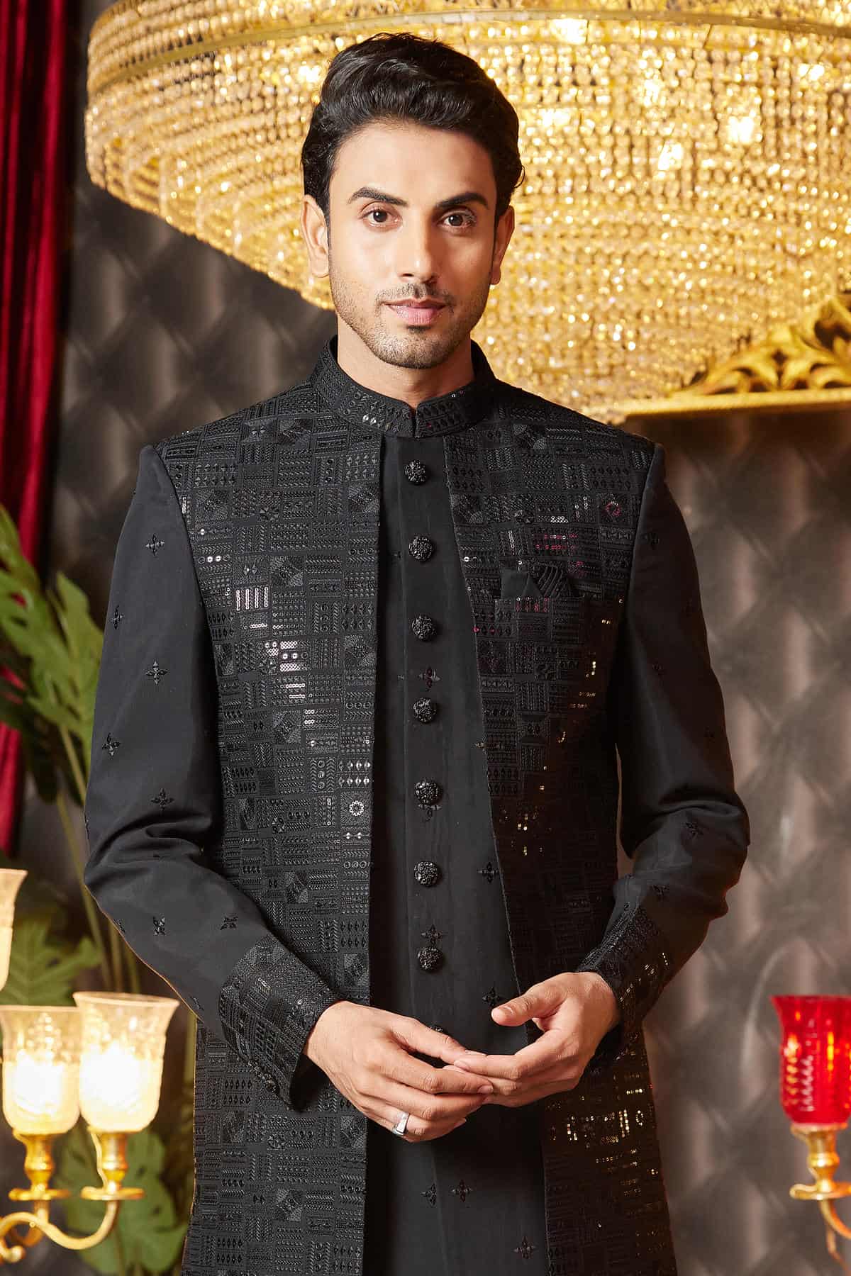 Black Colour Art Silk Thread Work Embroidery 3 Pcs Attach Indo Western