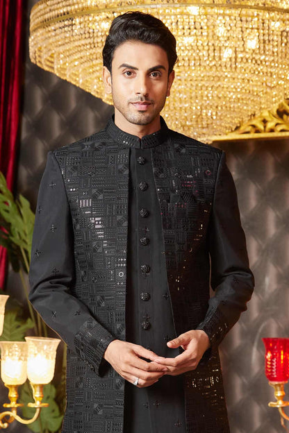 Black Colour Art Silk Thread Work Embroidery 3 Pcs Attach Indo Western