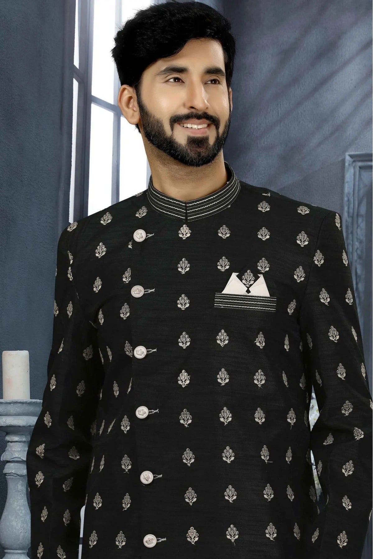 Black Colour Art Silk Thread Work Sherwani SH1040343 A
