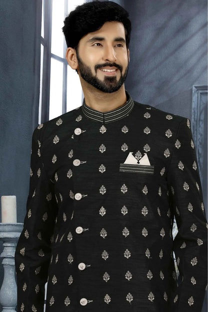 Black Colour Art Silk Thread Work Sherwani SH1040343 A