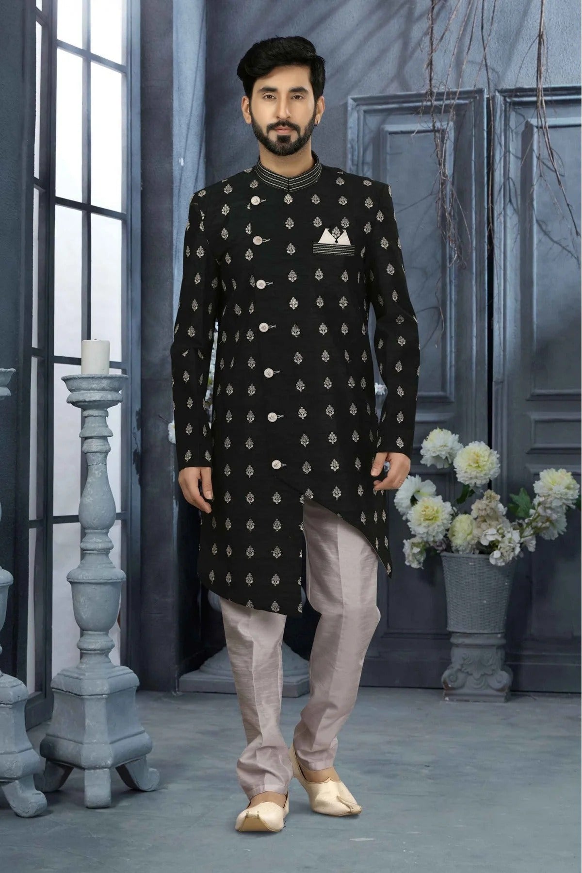 Black Colour Art Silk Thread Work Sherwani SH1040343