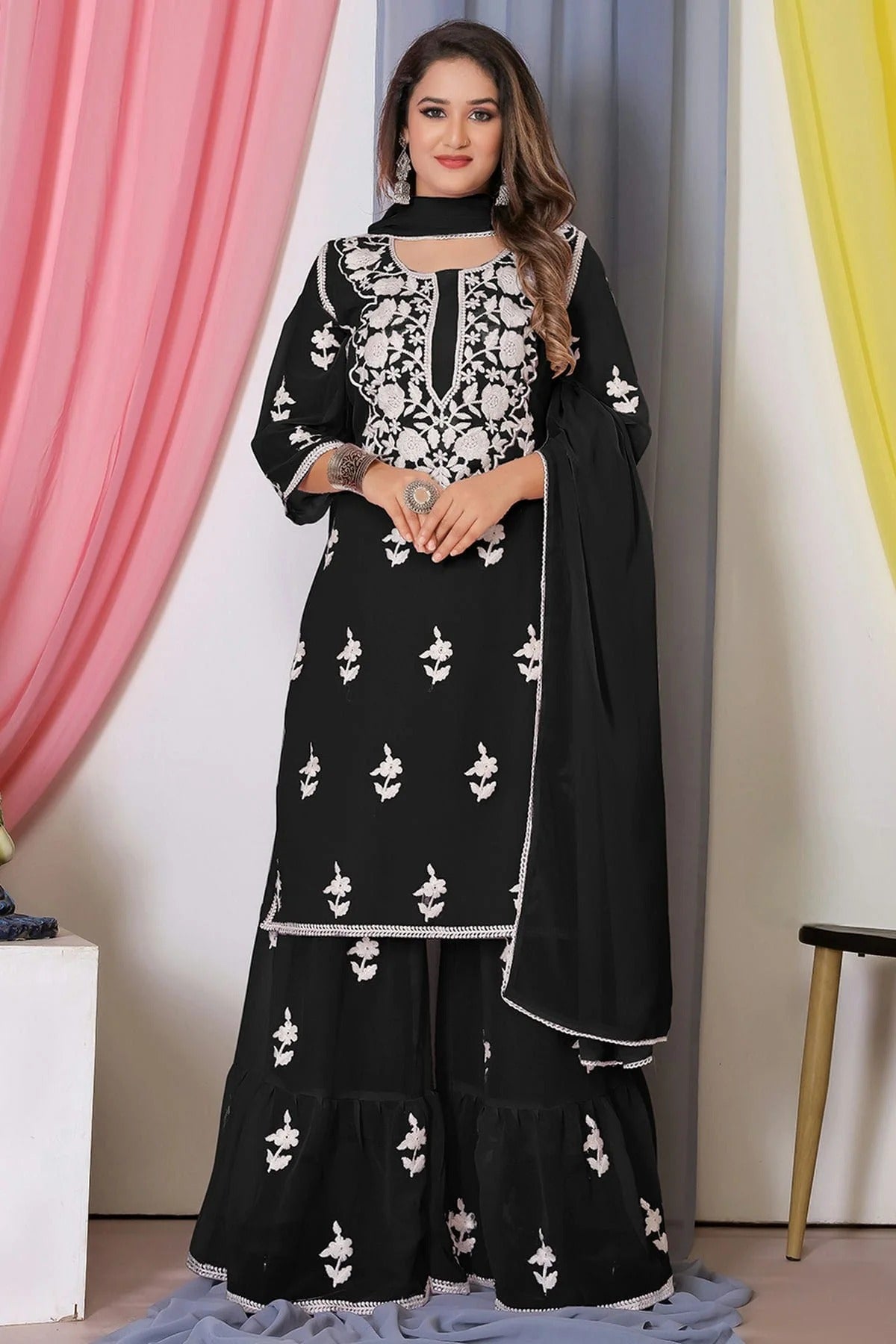 Black Colour Bamber Georgette Sharara Suit SM1110575