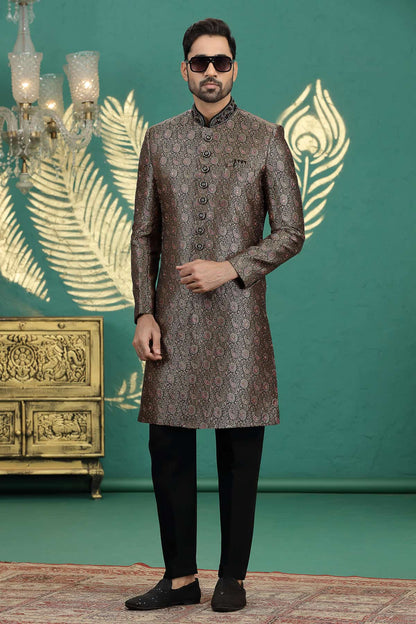 Black Colour Banarasi Jacquard Embroidery Sherwani