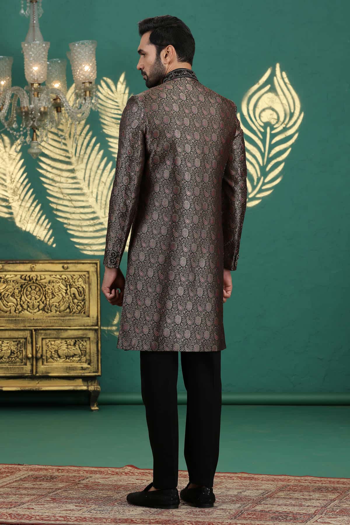 Black Colour Banarasi Jacquard Embroidery Sherwani