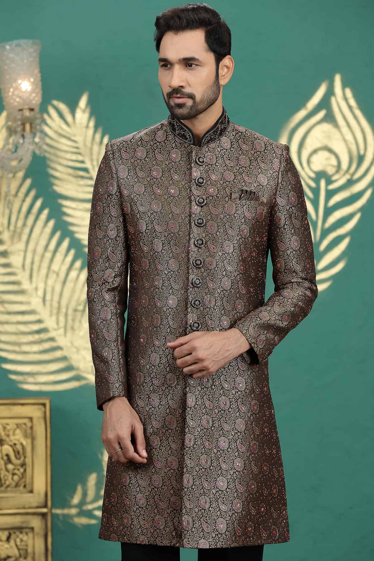 Black Colour Banarasi Jacquard Embroidery Sherwani