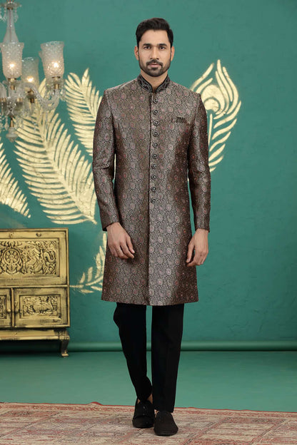 Black Colour Banarasi Jacquard Embroidery Sherwani