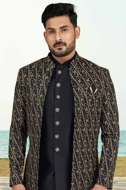 Black Colour Banarasi Silk Sherwani SH1040525 A