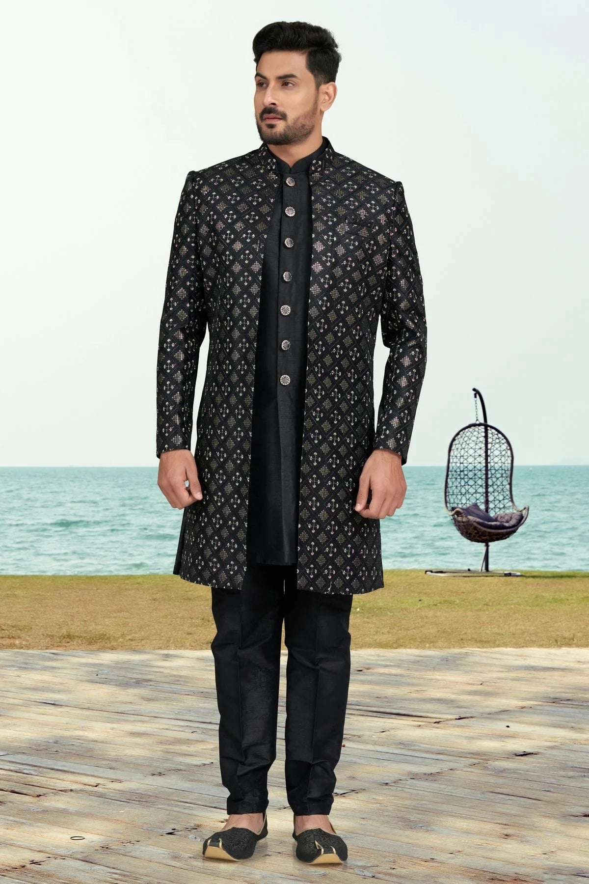 Black Colour Banarasi Silk Sherwani SH1040526