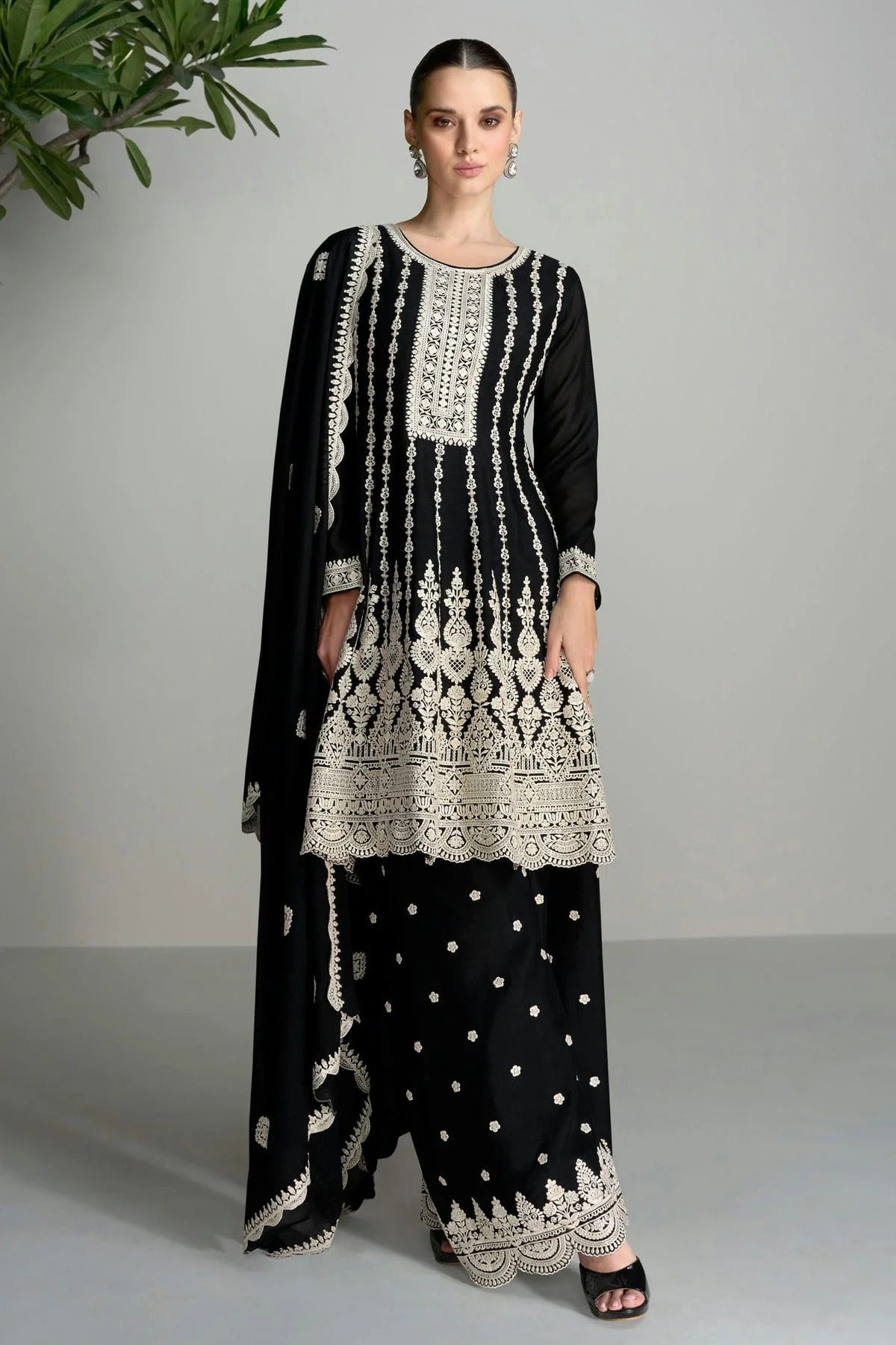 Black Colour Blomming Chinon Palazzo Pant Suit SM1140064