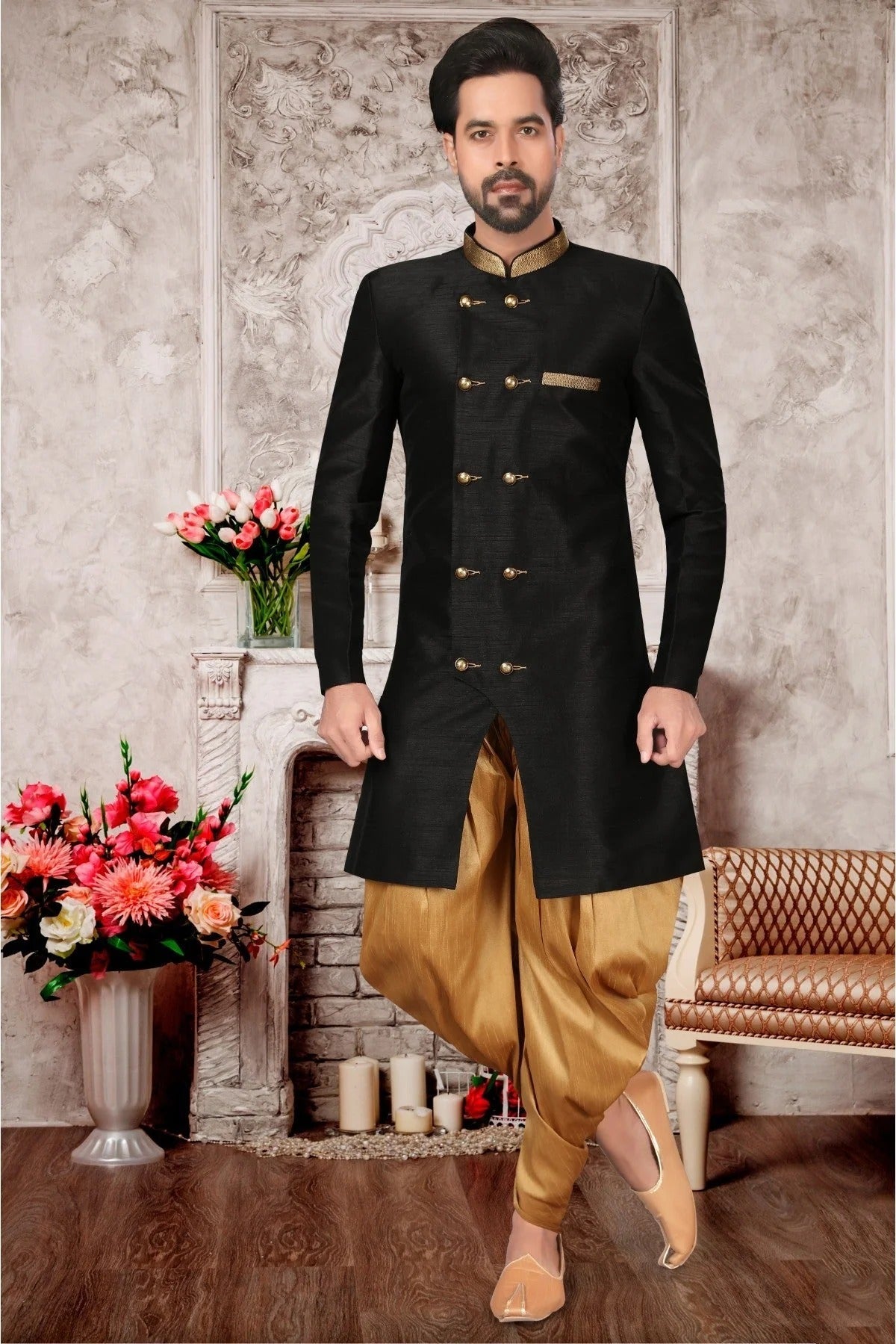 Black Colour Brocade Silk Dhoti Sherwani SH1040297