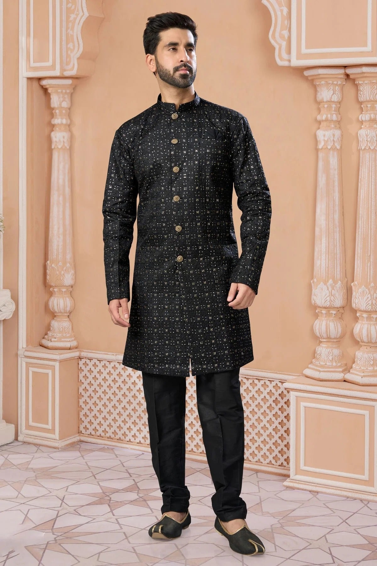 Black Colour Champion Silk Sherwani SH1040546
