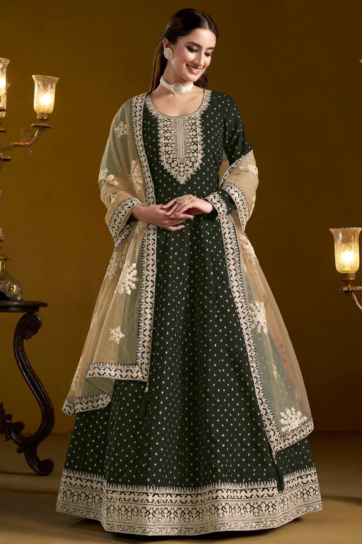 Black Colour Chanderi Butti Semi Stitched Anarkali Suit SM1050649 A