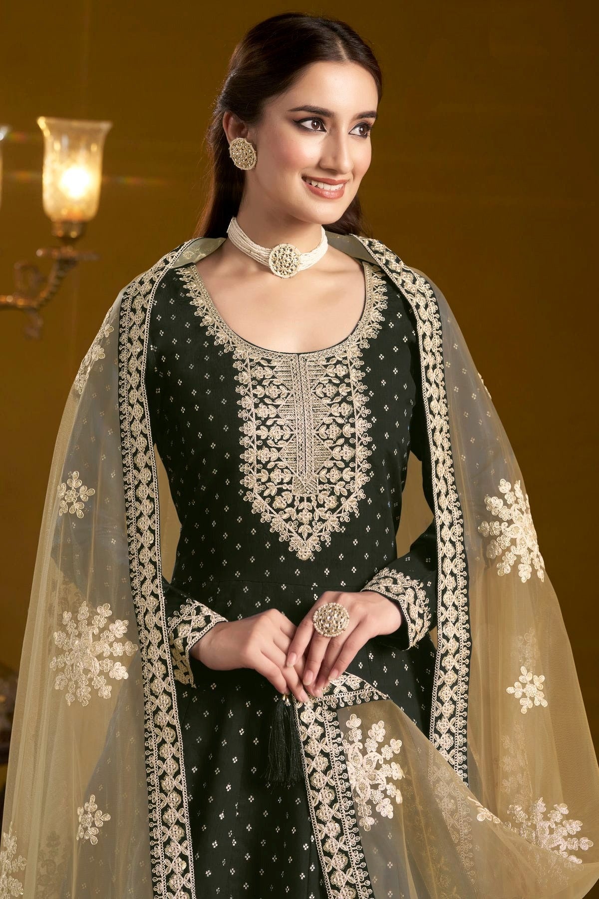 Black Colour Chanderi Butti Semi Stitched Anarkali Suit SM1050649 B