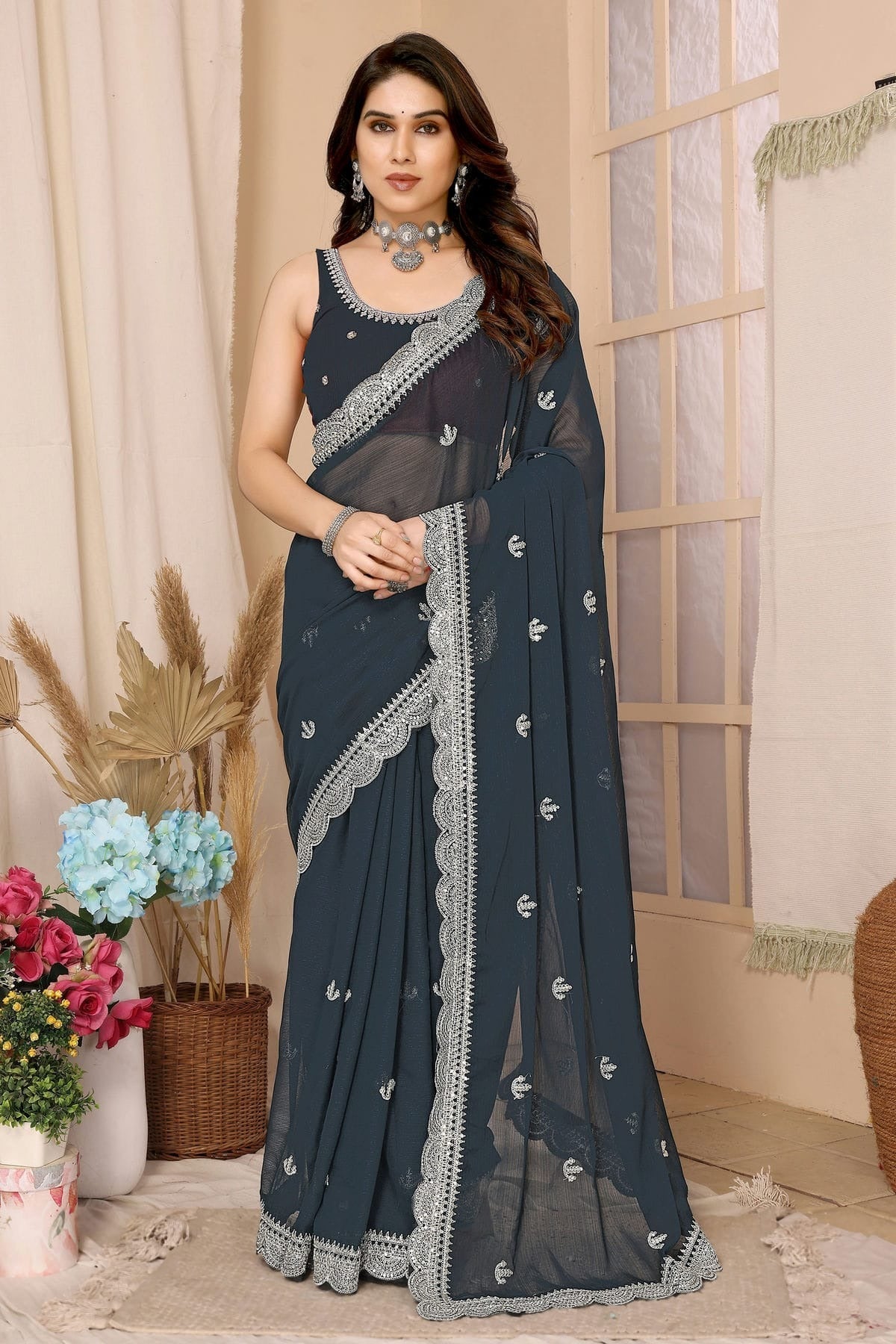 Black Colour Chiffon Saree SD1110425