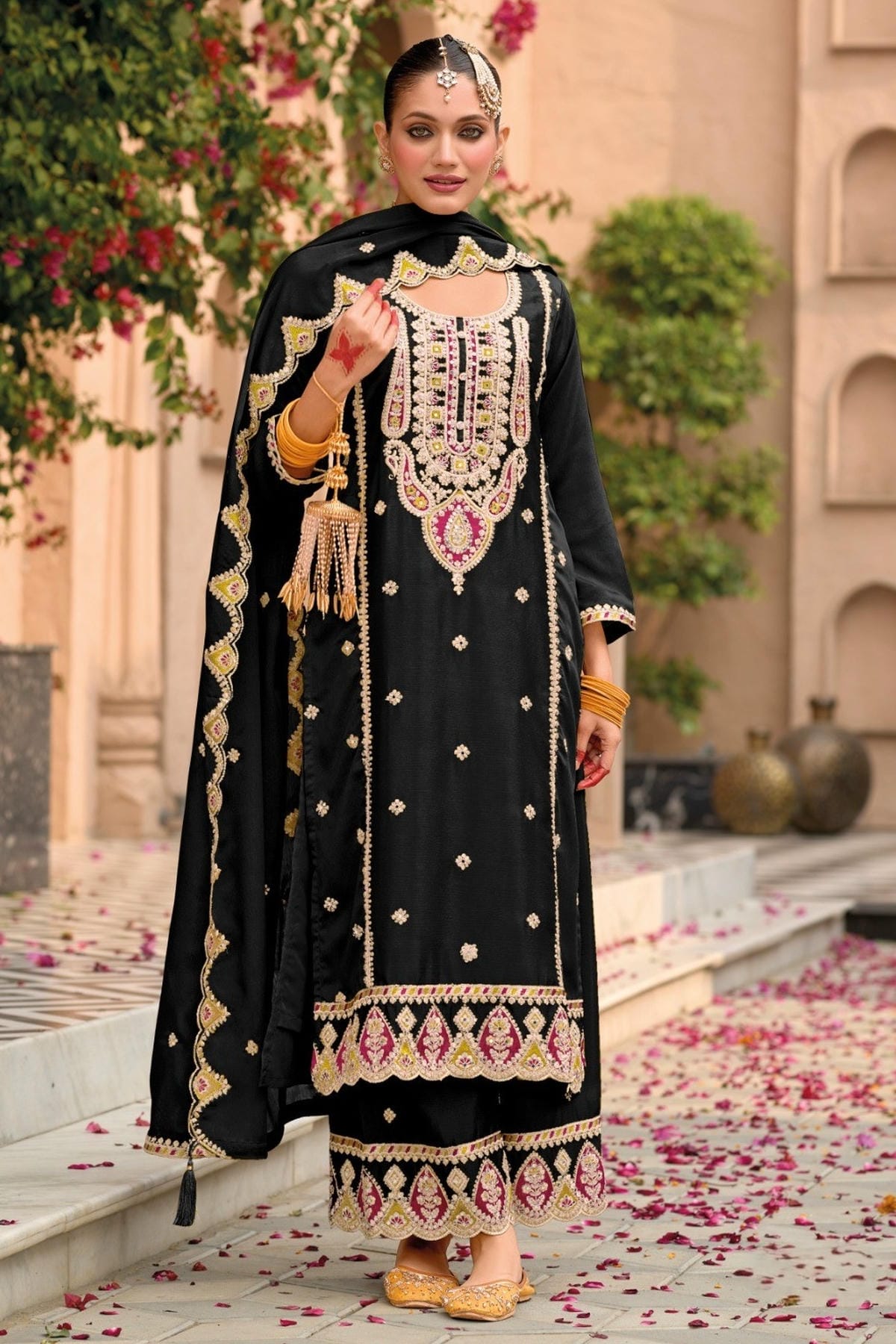 Black Colour Chinon Embroidery Work Palazzo Pant Suit