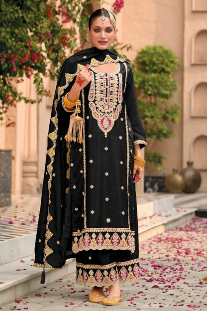 Black Colour Chinon Embroidery Work Palazzo Pant Suit