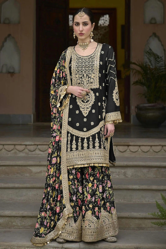 Black Colour Chinon Palazzo Pant Suit SM1140126