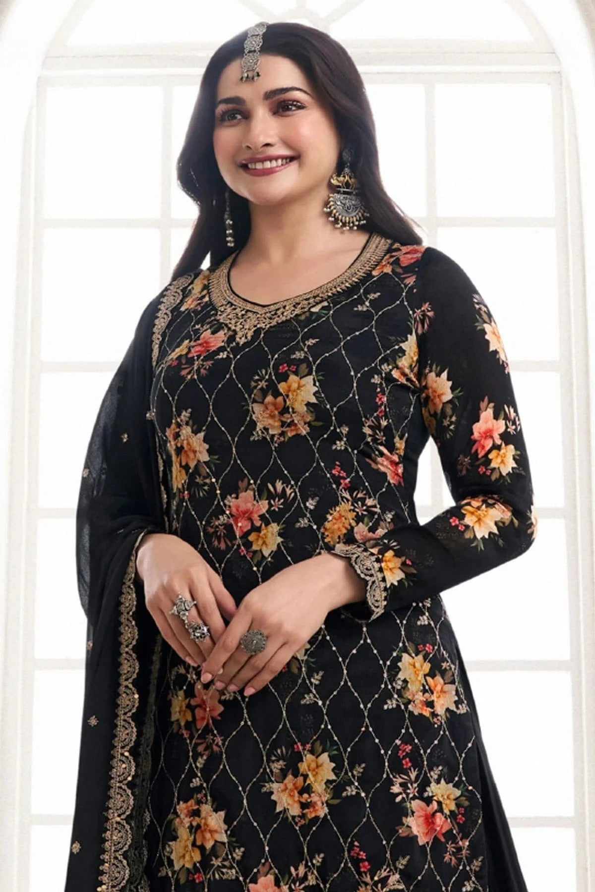 Black Colour Chinon Sharara Suit SM1110677 A