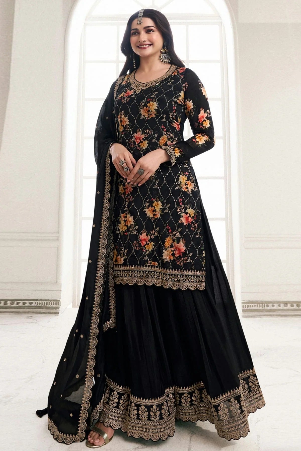 Black Colour Chinon Sharara Suit SM1110677