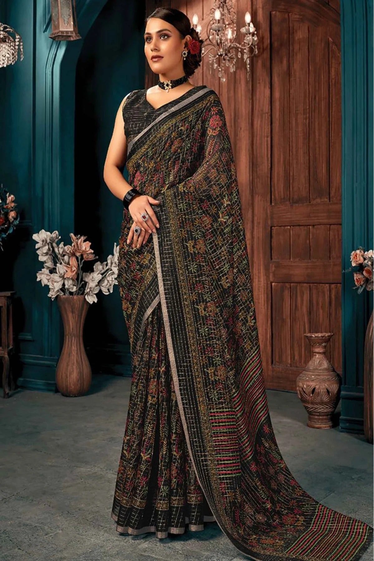 Black Colour Cotton Printed Saree SD1100916