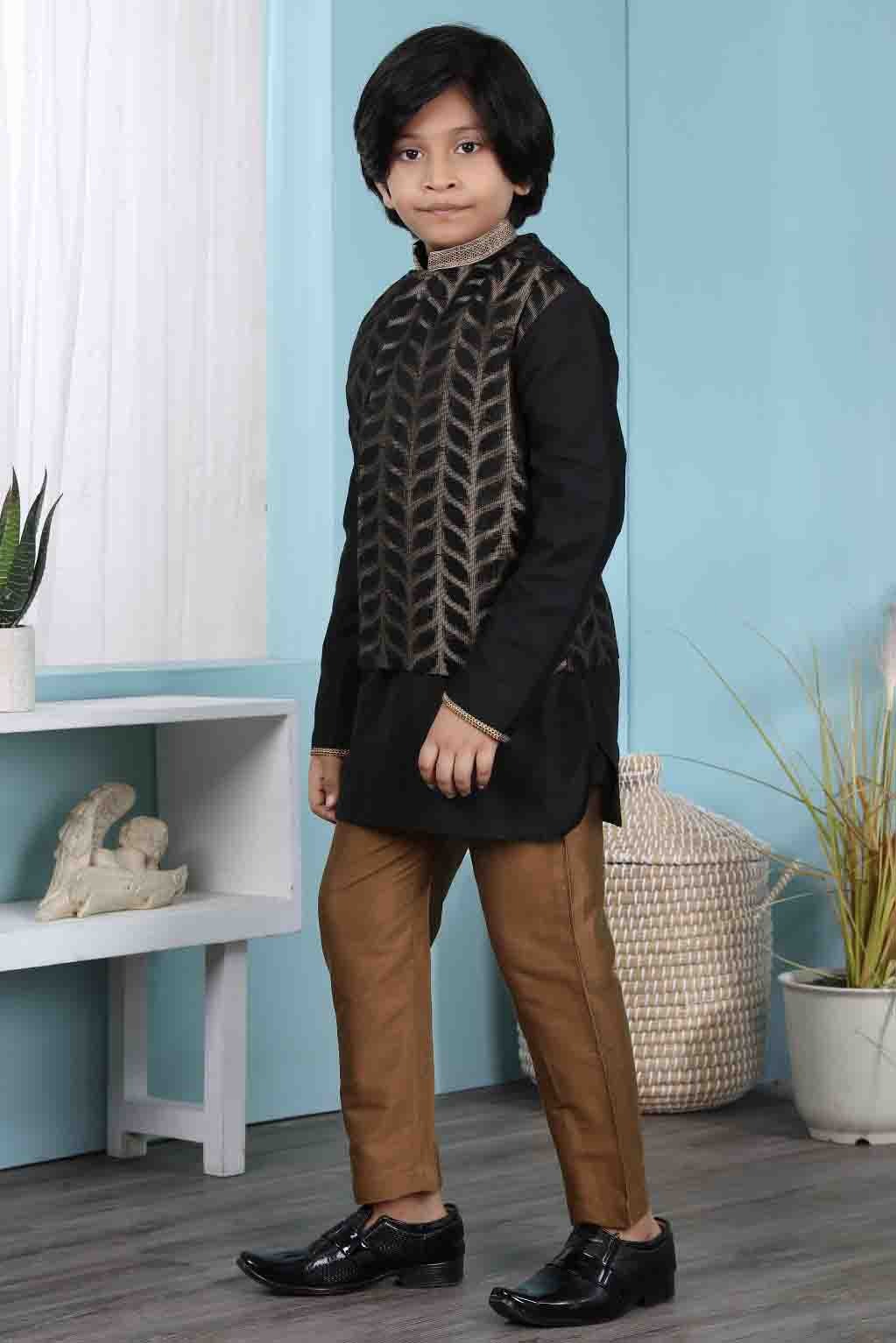 Black Colour Cotton Silk Kurta Pajama With Jacket BW1070105 A