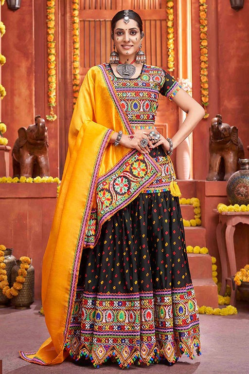 Black Colour Cotton Silk Navratri Lehenga Choli LC1240079
