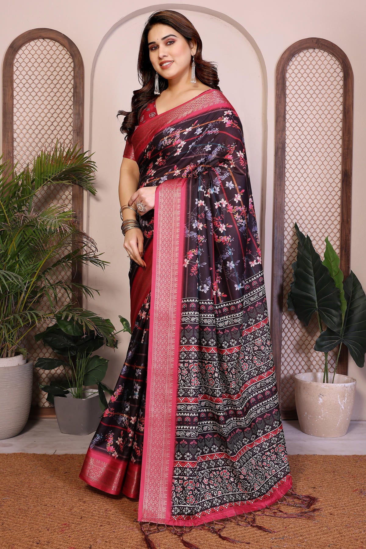 Black Colour Cotton Silk Printed Saree